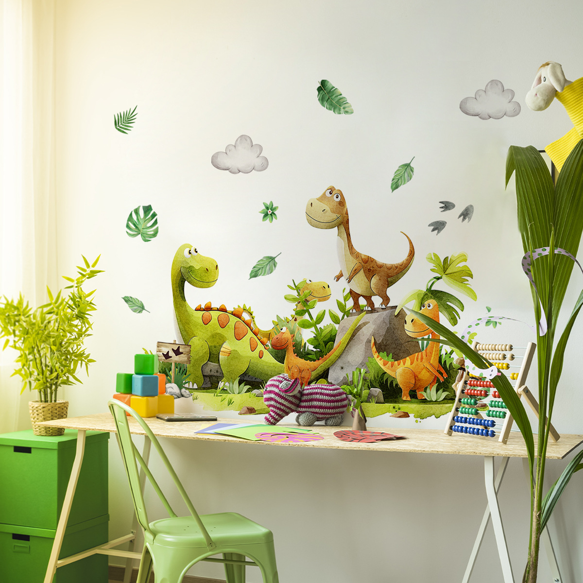 Baby Nursery Green - Autocollant mural de dinosaure de dessin