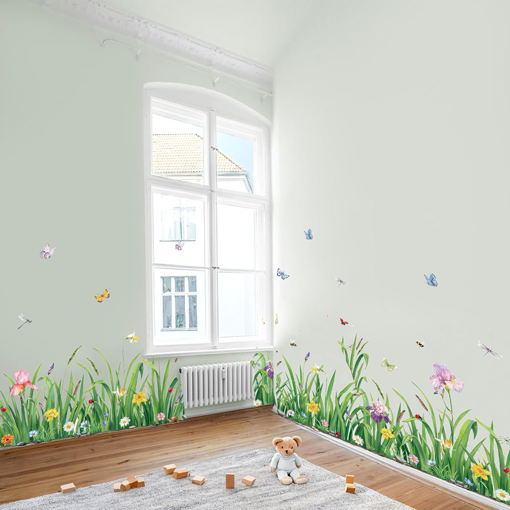 Baby Nursery Green - Autocollant mural Borader de fleurs d'herbe