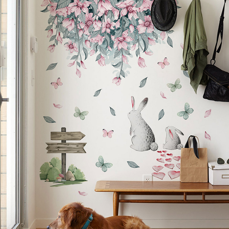Baby Nursery Green - Autocollant mural auto-adhésif, fleur rose, feuilles