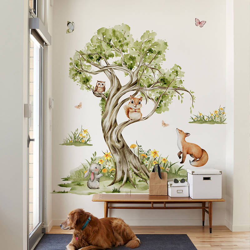 Baby Nursery Jungle Wallpaper - Autocollant mural aquarelle forêt grand arbre