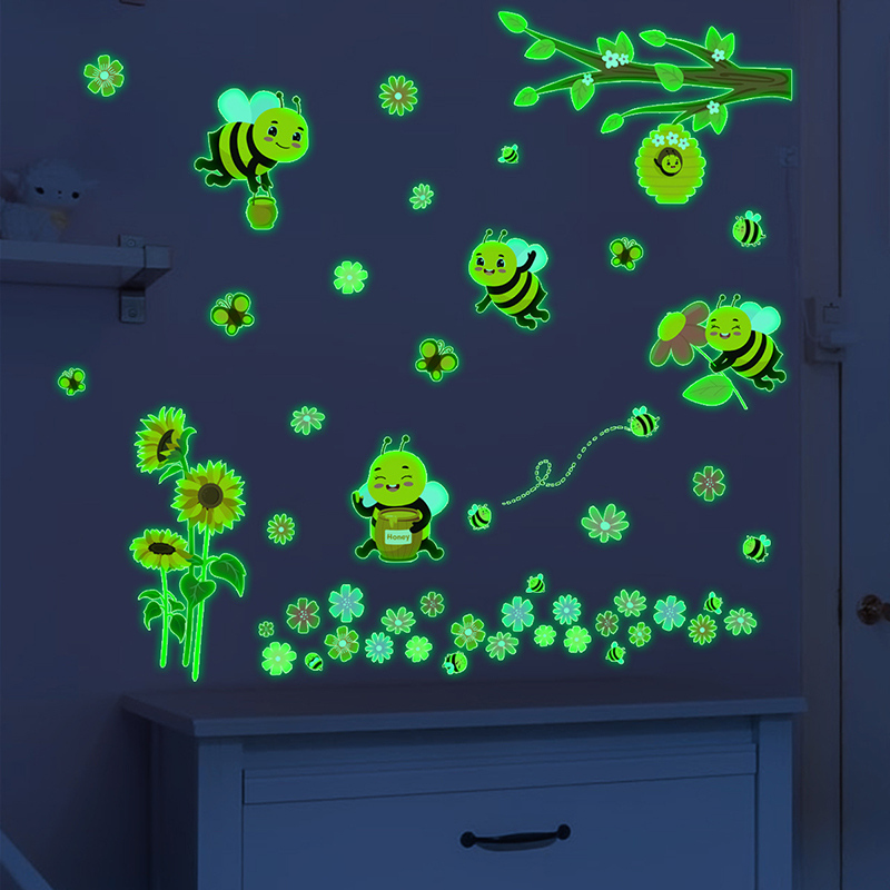 Baby Nursery Green - Autocollant mural fleur d'abeille lumineuse verte,