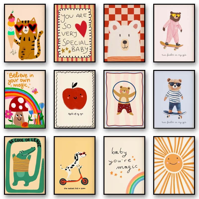 Baby Nursery Pictures - Affiche imprimée d'animaux, lapins floraux nordiques,