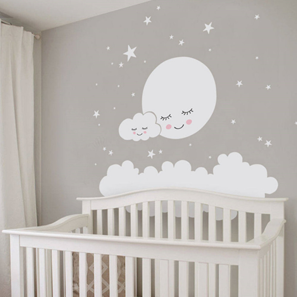 Baby Nursery Vinyl Wall Stickers - Belle lune étoiles autocollant mural nuage